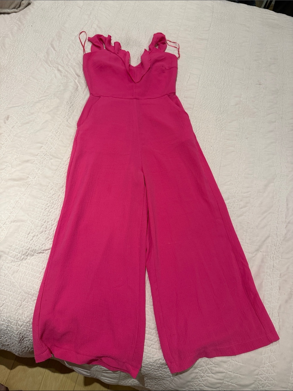 New Look Bright Fuchsia Wide-Leg Jumpsuit with Ruffle Neck